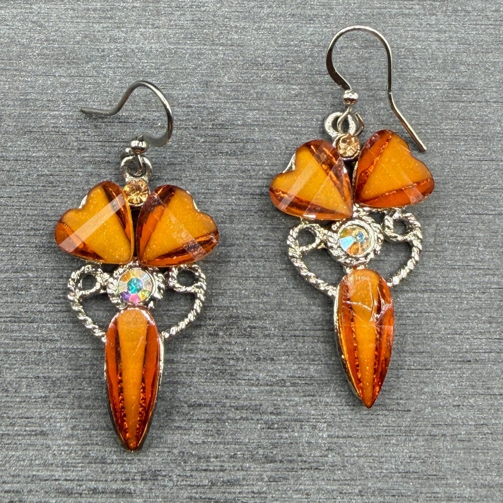 Orange Crystal Rhinestone Silver Tone Dangle Earrings Statement Boho Festival